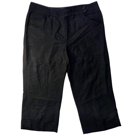 Larry Levine Black Linen Lagenlook Cropped Capri Button Tab Pants Plus Size 14 - Picture 1 of 6